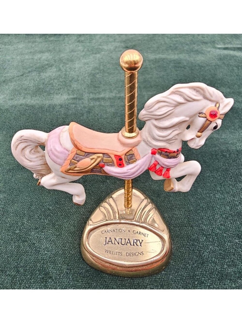 VTG Willitts Designs January Carnation & Garnet Carousel Horse Porcelain & Brass